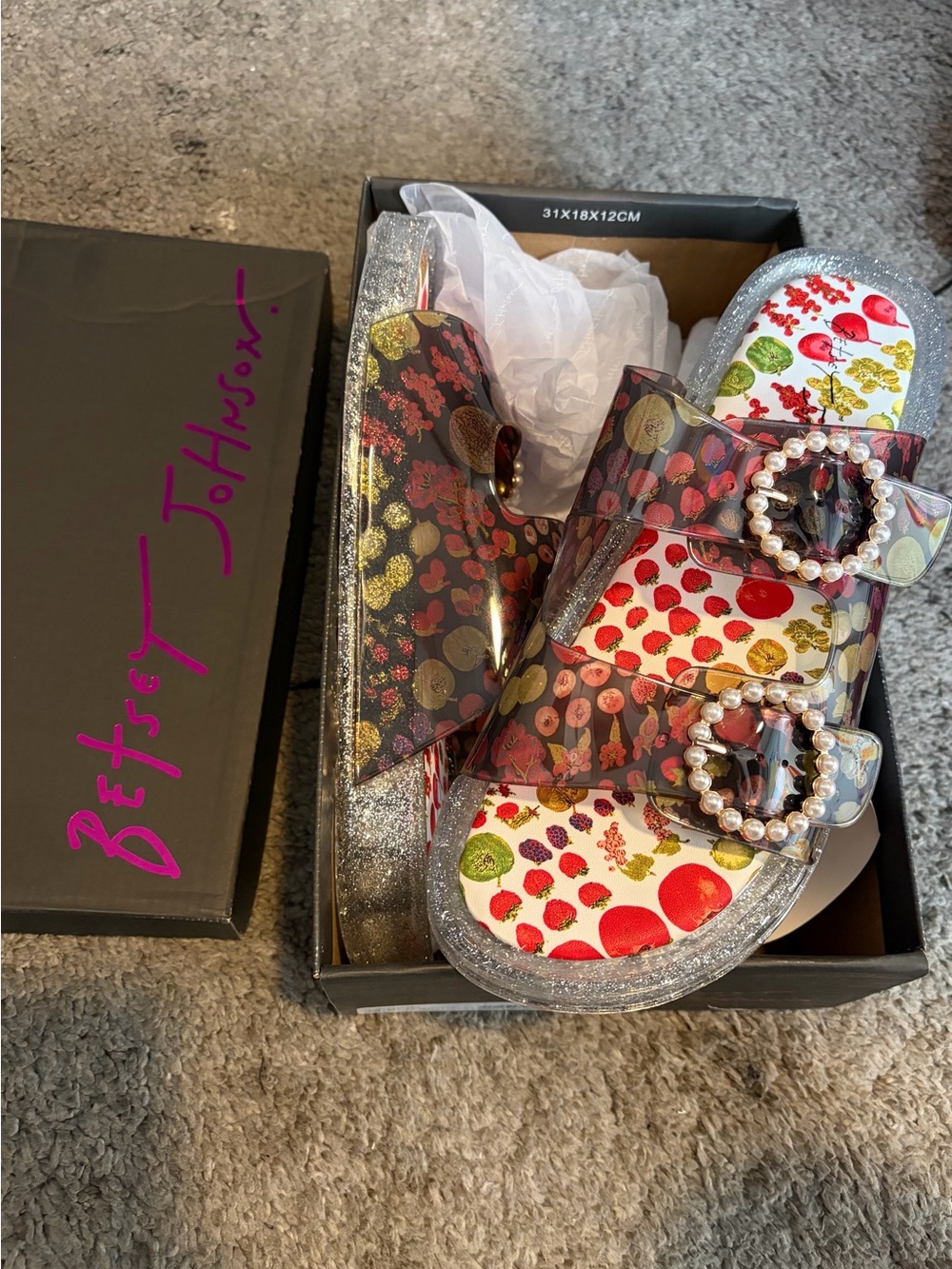 Betsey Johnson Clear Jelly Sandals with Multi Fruit Print and Pearl Buckles